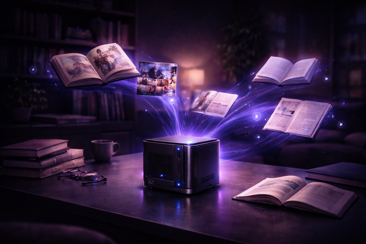 Digital library shelves on a dark interface