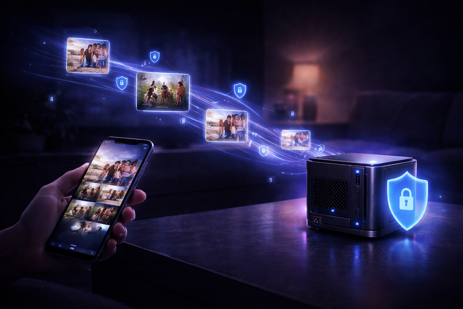 Photo backup dashboard on a dark interface